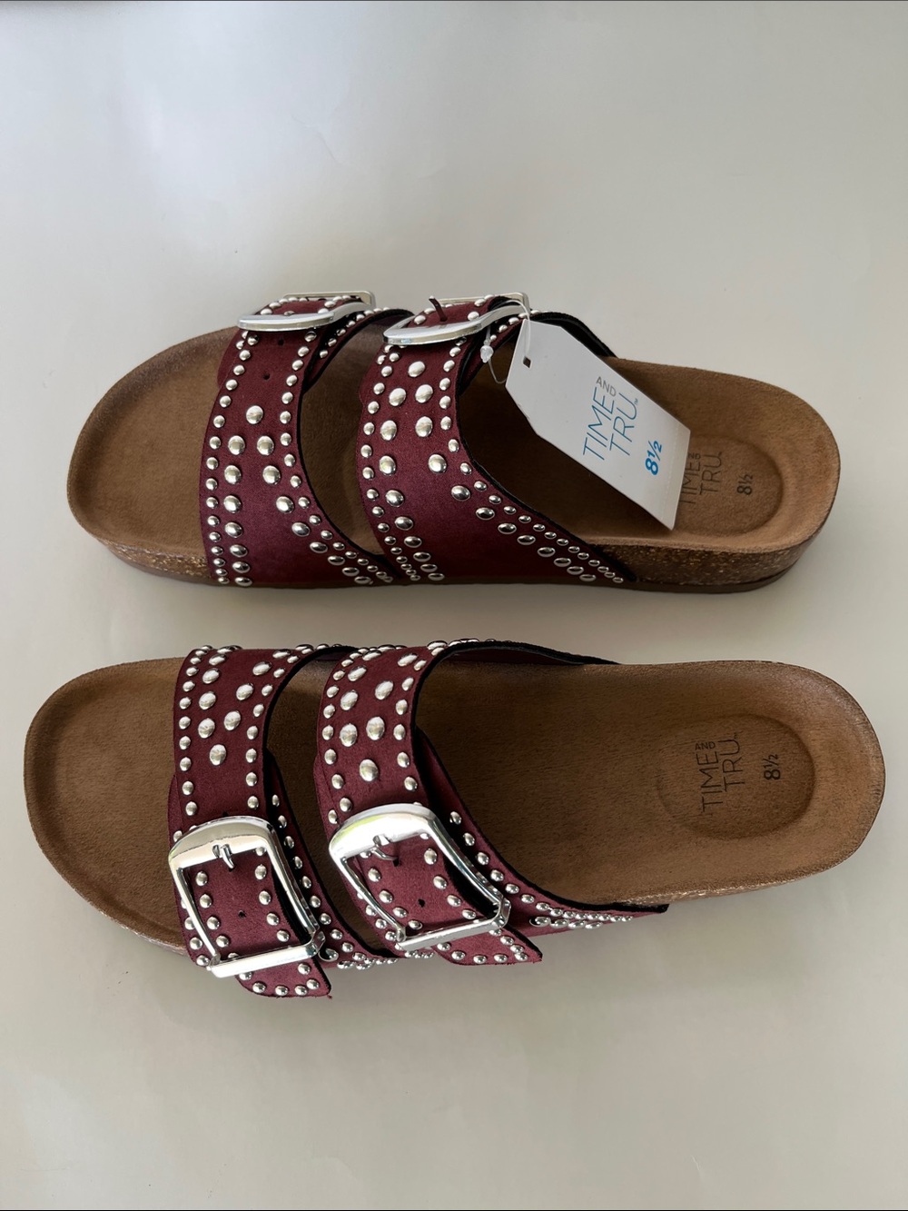 Time and Tru Maroon Studded Double-Buckle Slide Sandals - Picture 3 of 7